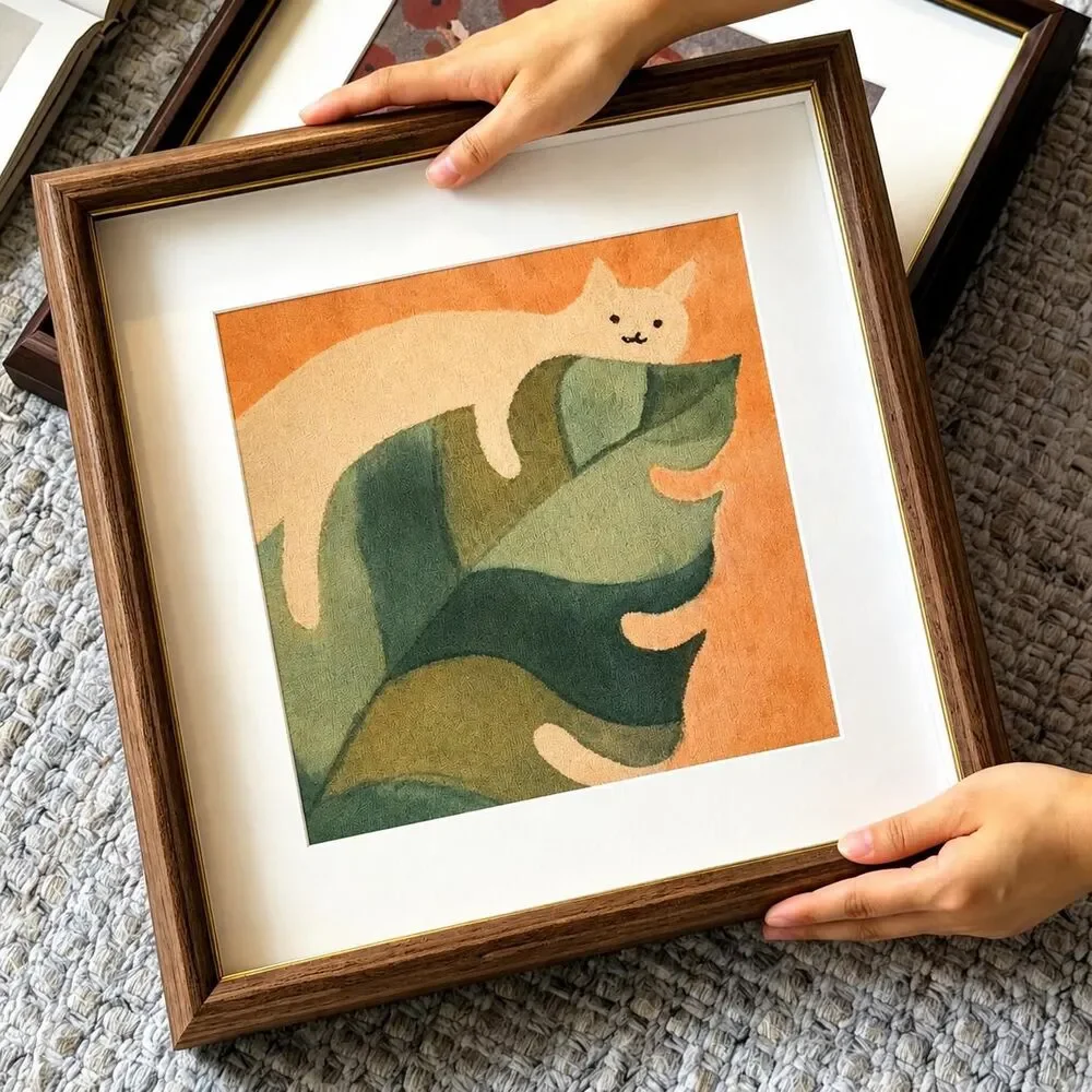 Lazy Cat Tropical Leaf Batik Wall Art, Handmade Cat Art Decor, Cat Lover Gift